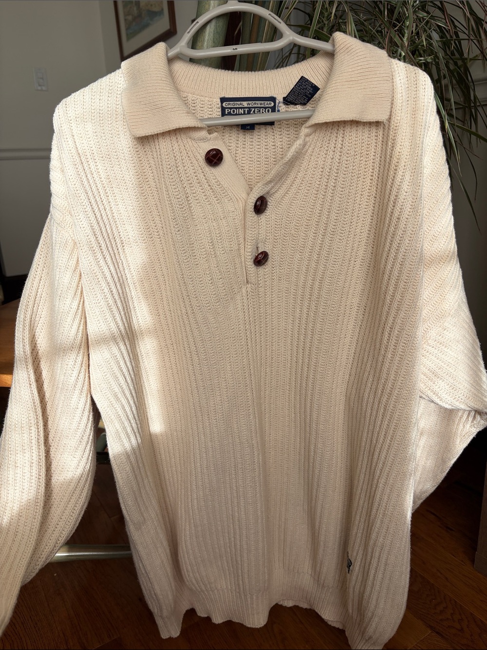 Vintage Point Zero Cream V-Neck Button-Collar Knit Sweater